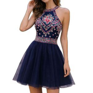 Women’s Navy Blue Embroidered Halter Mini Dress with Tulle Skirt – Size 10